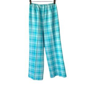 Vintage 70s Blue Plaid Wide Leg Pull On Pants Small